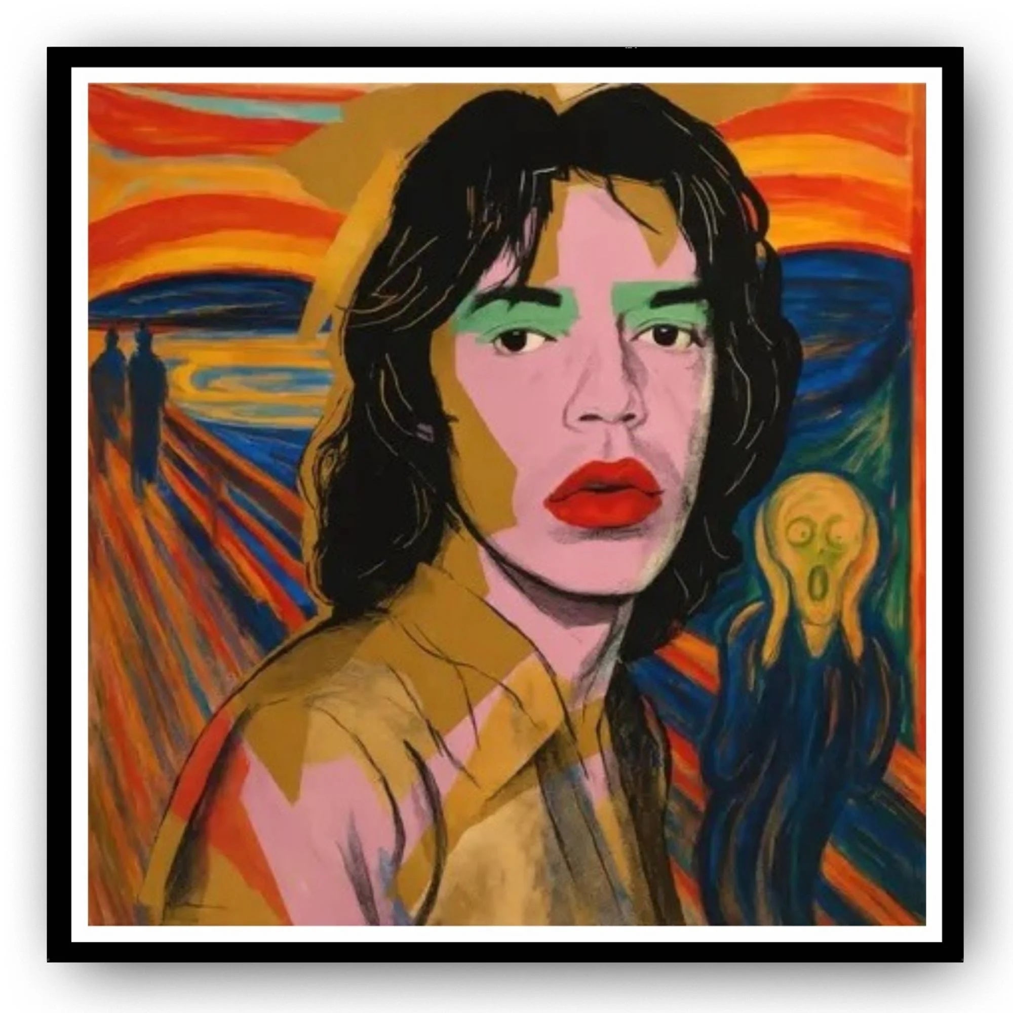 Fenzolini's Artistic reinterpretation of a "The Scream," an art composition created by Norwegian artist Edvard Munch in 1893, but with an Andy Warhol Mick Jagger Pop Art figure centered in the middle and the scream figure behind.